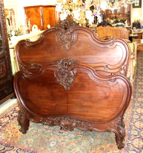 Exquisite French Antique Carved  Louis XV Mahogany Queen Size Bed w. Rails