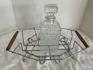 Antique Whiskey Bottle Decanter & 6 Glass Metal Holder Bottle Caddy Rack  - Picture 1 of 11
