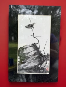 Original Sumi Tusche Aquarell Gemälde Vogel Felsen Künstler Siegel mit Signatur - Bild 1 von 8