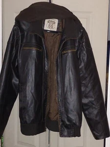 Men's Route 66 Faux Leather Hooded, Bomber Leather Jacket Vgc - Picture 1 of 12