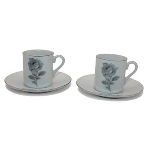 Vintage Porcelain Gray Rose Design Espresso Cups With Matching Saucers Set Of 2 - Picture 1 of 13