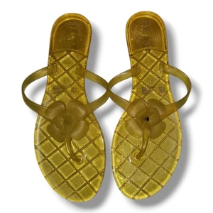 Women's  Yellow Glitter Rubber Jelly Camellia Flat Thong Sandals. Size 10 - Afbeelding 1 van 3
