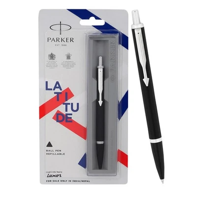 Parker Latitude Ball Pen Matte Black Chrome Trim Blue Ink Sleek Streamlined - image 1 of 4