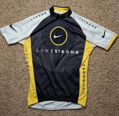 Camiseta deportiva de ciclismo Nike Livestrong para hombre talla mediana amarilla negra 3/4 bolsillos con cremallera  Foto 1 de 4