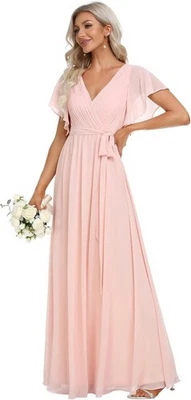 Damen Abendkleid Gürtel Lange Kurzarm V-Ausschnitt Chiffon Brautjungfernkleid - Bild 1 von 4