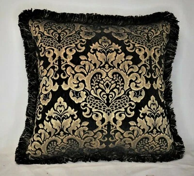 black and gold modern embroidered chenille fringed decorative throw pillow - Image 1 of 4