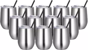 Wine Tumblers Bulk 12Oz Stainless Steel Stemless Wine Glass with Lids and Straws - Picture 1 of 11