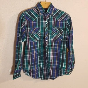 Wrangler Shirt Mens Large 16.5-36 Western Pearl Snap Long Tails Vintage Plaid - Picture 1 of 6
