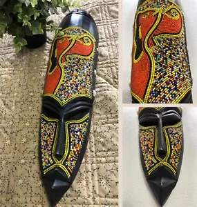Hand Carved African Mask Wooden 18" x 4.5" Shells Tribal Elephant Beaded - Picture 1 of 15