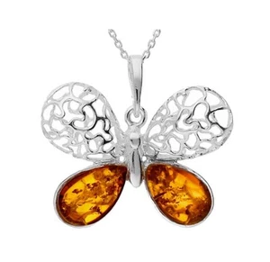 Designer Amber Butterfly Pendant Sterling Silver 925 Irregular Cognac Gemstone - Picture 1 of 1