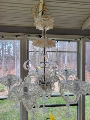 Lámpara de araña antigua clásica de 5 brazos italiana veneciana de Murano transparente + vidrio artístico 25 x 25 Foto 1 de 4