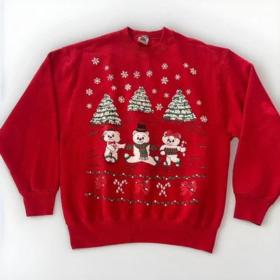 De Colección Años 90 Fruta del Telar Grande Rojo Oso de Nieve Feo Navidad Sudadera Vacaciones Foto 1 de 4