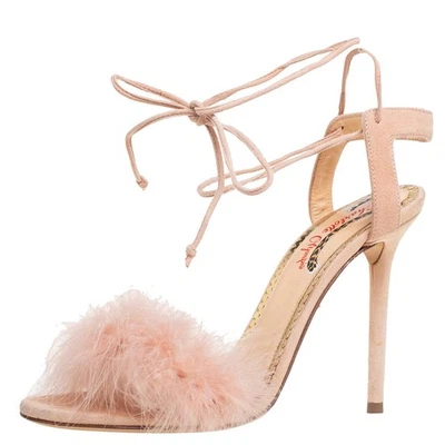 Sandálias de salsa Charlotte Olympia bege camurça e penas enfeitadas tamanho 39 - Imagem 1 de 4