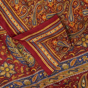 Sanskriti Vintage Sarees Red Pure Crepe Paisley Print 5+Yd Indian Textile Sari - Picture 1 of 12