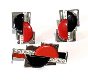 Art Deco 89 rot & schwarz Anstecknadel und Clip On Ohrringe Set signiert - Bild 1 von 8