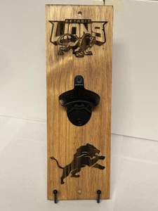 Detroit Lions Football Wall Bottle Opener Cherry Pine Wood Laser Engraved Magnet - Picture 1 of 4