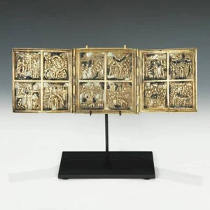 ANTIKE RUSSISCHE ALTGLÄUBIGE 3 BLATT IKONE BRONZE EMAILLE BIBEL GESCHICHTEN 19. JH. - Bild 1 von 8