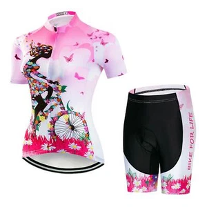 Women's Cycling Bib Kit Short Sleeve Jersey and Bib Shorts Set Green / Pink - Picture 1 of 14