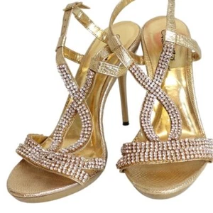 Gold n Rhinestone Strappy Heels Dress Evening Cocktail Shoes open toed - Picture 1 of 11
