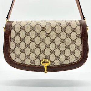*Read* Vintage GUCCI Horsebit Shoulder Bag Purse GG PVC Leather Brown Auth - Picture 1 of 24