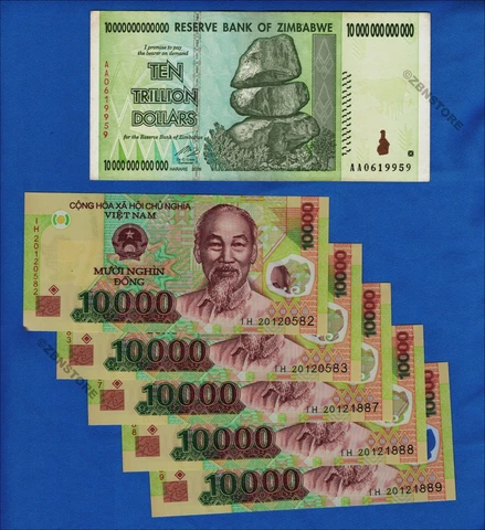 10 Trillion Zimbabwe Dollars AA 2008 + 5 x 10000 Vietnam Dong 100% Authentic COA Cover