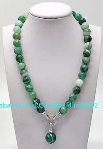 Genuine Natural 10mm Green Stripe Agate Round Beads Pendant Necklace 20" AAA - Picture 1 of 12