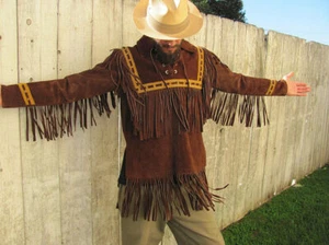 Mens Western Brown Buckskin Suede Leather Fringe Mountain Man Lace Shirt MMS294 - Imagen 1 de 4