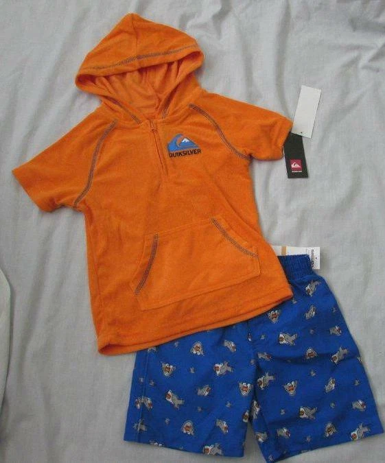 QUIKSILVER Niño Pequeño Naranja Terry Cubrir Bañador Tabla Pantalones Cortos Conjunto Tiburones Foto 1 de 1