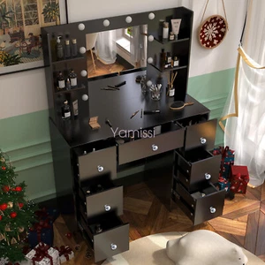 Black Dressing Vanity Table Makeup Desk with 10 LED Mirror 7 Drawers Modern UK - Picture 1 of 18