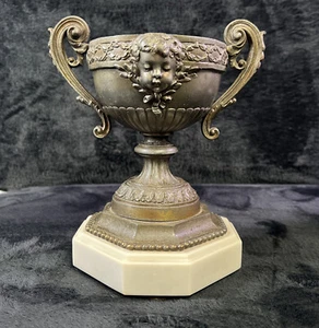 Victorian Trophy Planter Cupid Ornate Jardiniere W/ Handles Nickel On Marble ATQ - Picture 1 of 12