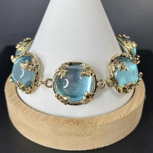 Turquoise Gripoix Glass Cabochon Bracelet Gold Tone Bezel Wide Chunky Statement - Picture 1 of 10