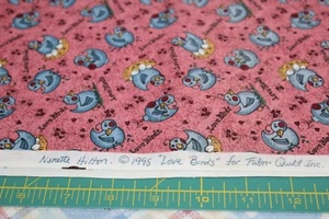100 % Cotton fabric ~ Mauve on mauve with red hearts & love birds ~ BTY - Picture 1 of 2