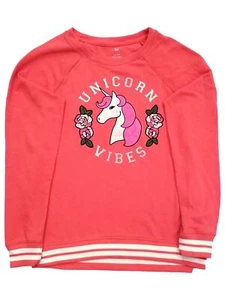 Girls Coral Orange Pink Unicorn Vibes Flowers Sweatshirt Top Large 10-12 - Picture 1 of 1