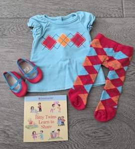 American Girl Doll Bitty Baby Twin Argyle Outfit Retired Dress Tights Shoes Book - Picture 1 of 3