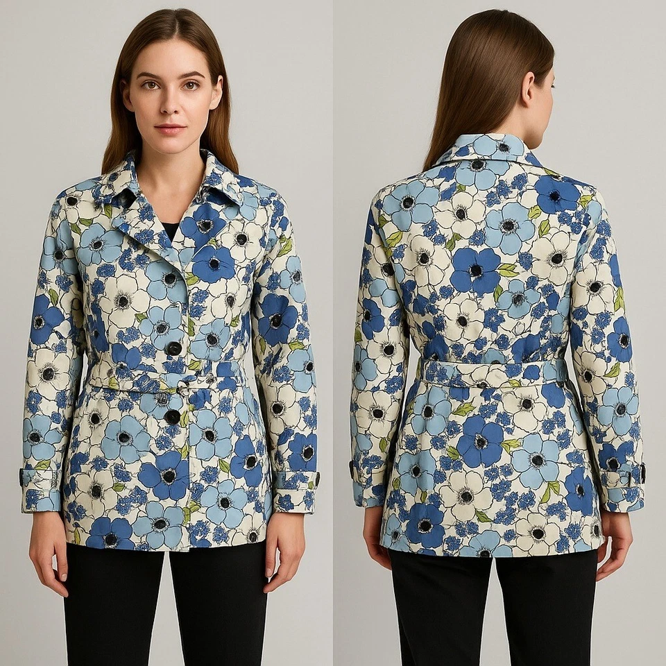De colección. Gabardina Eddie Bauer Estampado Floral Cinturón Primavera Chaqueta Azul Blanco Pequeña Foto 1 de 4