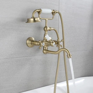 Antique Brass Brushed Gold 2 Handle Telephone Wall Mount Bathtub Faucet Mixer - Picture 1 of 12