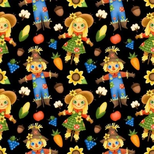 Fall Autumn Thanksgiving Fabric Fall Friends on Black 100% Cotton - Picture 1 of 2
