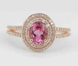 Lab Created Pink Tourmaline 2Ct Oval Cut Halo Promise Ring 14k Rose Gold Plated - Picture 1 of 6