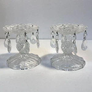Victorian Crystal Glass Candlestick Holder with Hanging Teardrop Cut Crystals - Picture 1 of 20