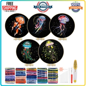 TINDTOP Jellyfish Embroidery Kit–5 Sets for Beginners with Hoops,Threads & Cloth - Picture 1 of 8