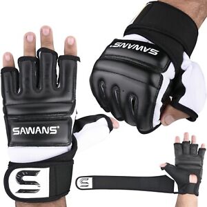 SAWANS® Leather MMA Boxing Gel Gloves Body Combat Punch Bag Training Martial Art