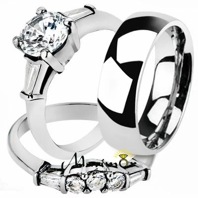 Conjunto de novia y alianza de boda clásica de acero inoxidable para mujer His & Hers de 2 piezas Foto 1 de 4