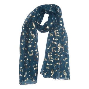 Treble Clef & Music Notes gold/silver reversible teal green scarf - Picture 1 of 2