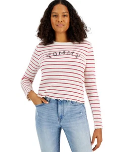 Tommy Jeans Women's Long Sleeve Striped Logo T-Shirt (Oatmeal Combo, Large) - Picture 1 of 4