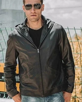 Schwarze Herren Lederjacke - 100% echtes Lammleder Bikerjacke mit Kapuze - Bild 1 von 4