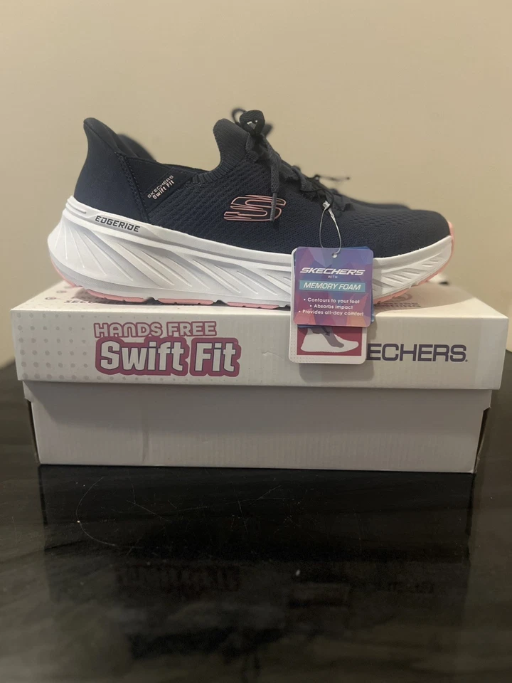 斯凯奇女式免提 Swift Fit 弹力针织运动鞋海军蓝美国 10 码 — 第 1/4 张图片