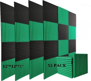 52 PACK Acoustic Foam Panels 12”×12”×1” Indoor Sound 12"X 12"X 1" Black/ Green - Picture 1 of 9