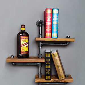 3 Tier Industrial Wood Floating Shelves Display Storage Wall Mounted Book Shelf
