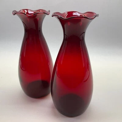 Anchor Hocking Royal Ruby Flower Vases - Ruffled Rim Vintage - Set of 2 - Image 1 of 3