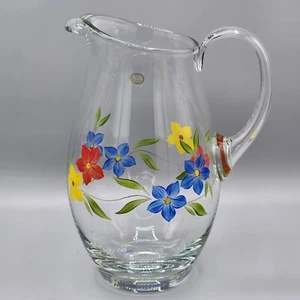 Brocca da tavolo succo in vetro floreale 8,5" dipinta a mano in Ungheria vintage decorazione cottage - Foto 1 di 13